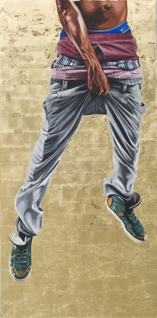 Fahamu Pecou, <i>Black Boy Fly</i>, 2014; acrylic and gold leaf on canvas, 120 by 60 inches.