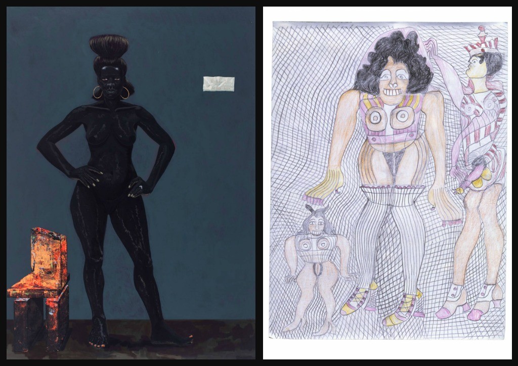 Left, Kerry James Marshall,  Bride of Frankenstein, 2009; acrylic on PVC, 85 by 61 inches. Right, Henry Speller untitled, 1985; colored pencil, marker, crayon and pencil on paper, 24 by 18 inches. 