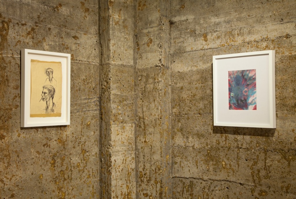 On left, John McIntire, Fahey Sketch,  1962; marker on legal paper, 12½ by 8½ inches; on right, John Fahey, untitled, ca. 1999; tempera, marker on paper, 9½ by 7½ inches, 