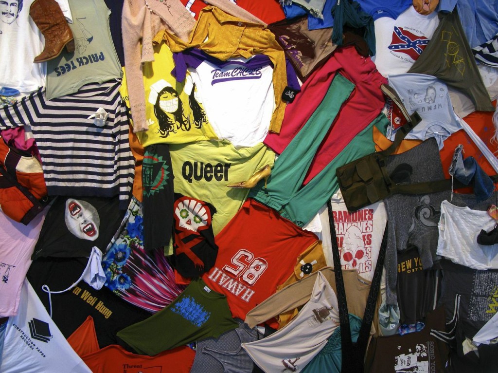 Lincoln Hancock with Yuxtapongo, Exploded Hipster (detail), 2012; clothing donated by the Triangle music community.