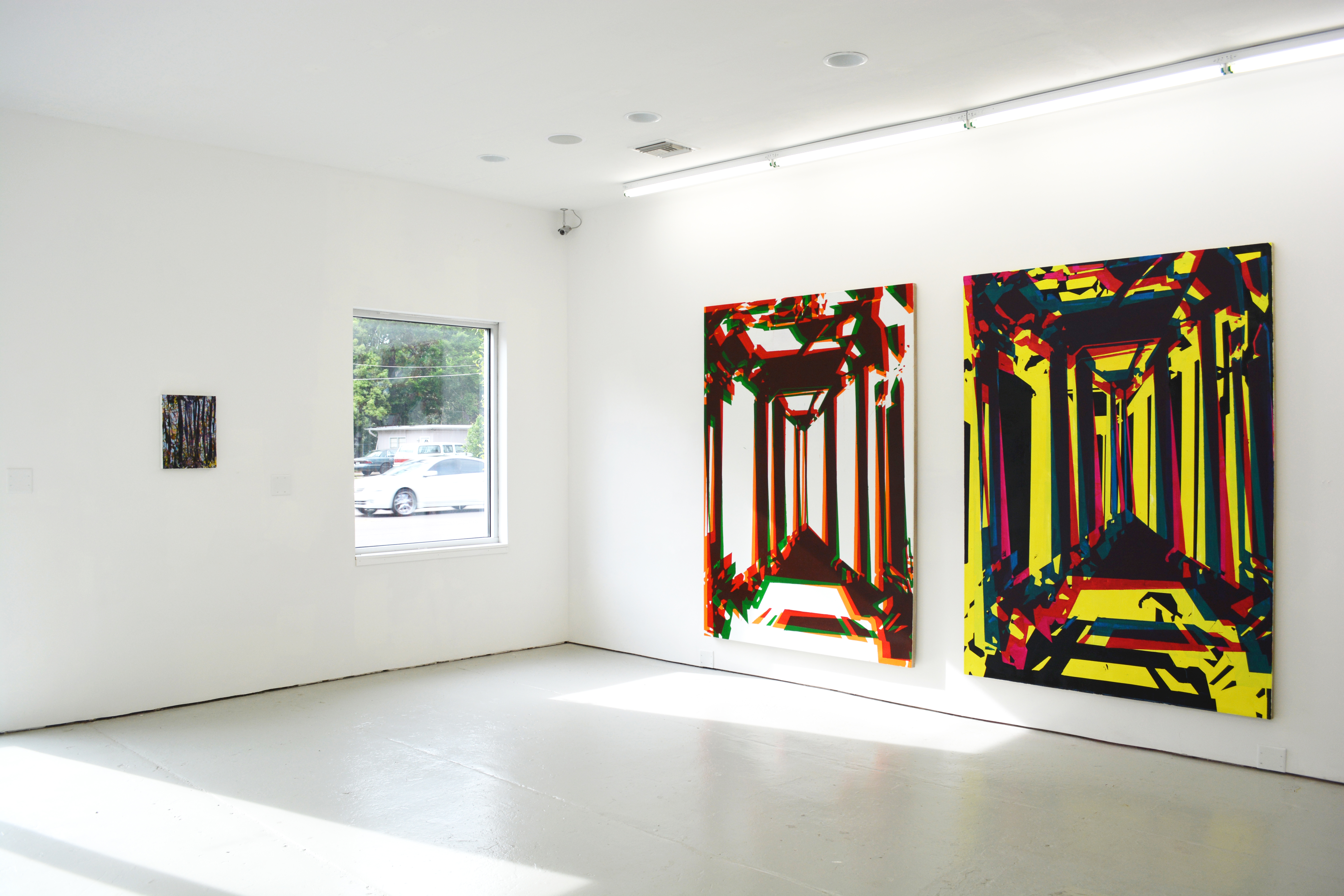 Jered Sprecher, Installation shot of "The Hollow That Echoes (left to right): The Hollow That Echoes, 2015, oil on linen, 16 by 12 inches; Minding, 2011, oil on linen, 84 by 60 inches; & Nature of Nature, 2011, oil on linen, 84 by 60 inches. 