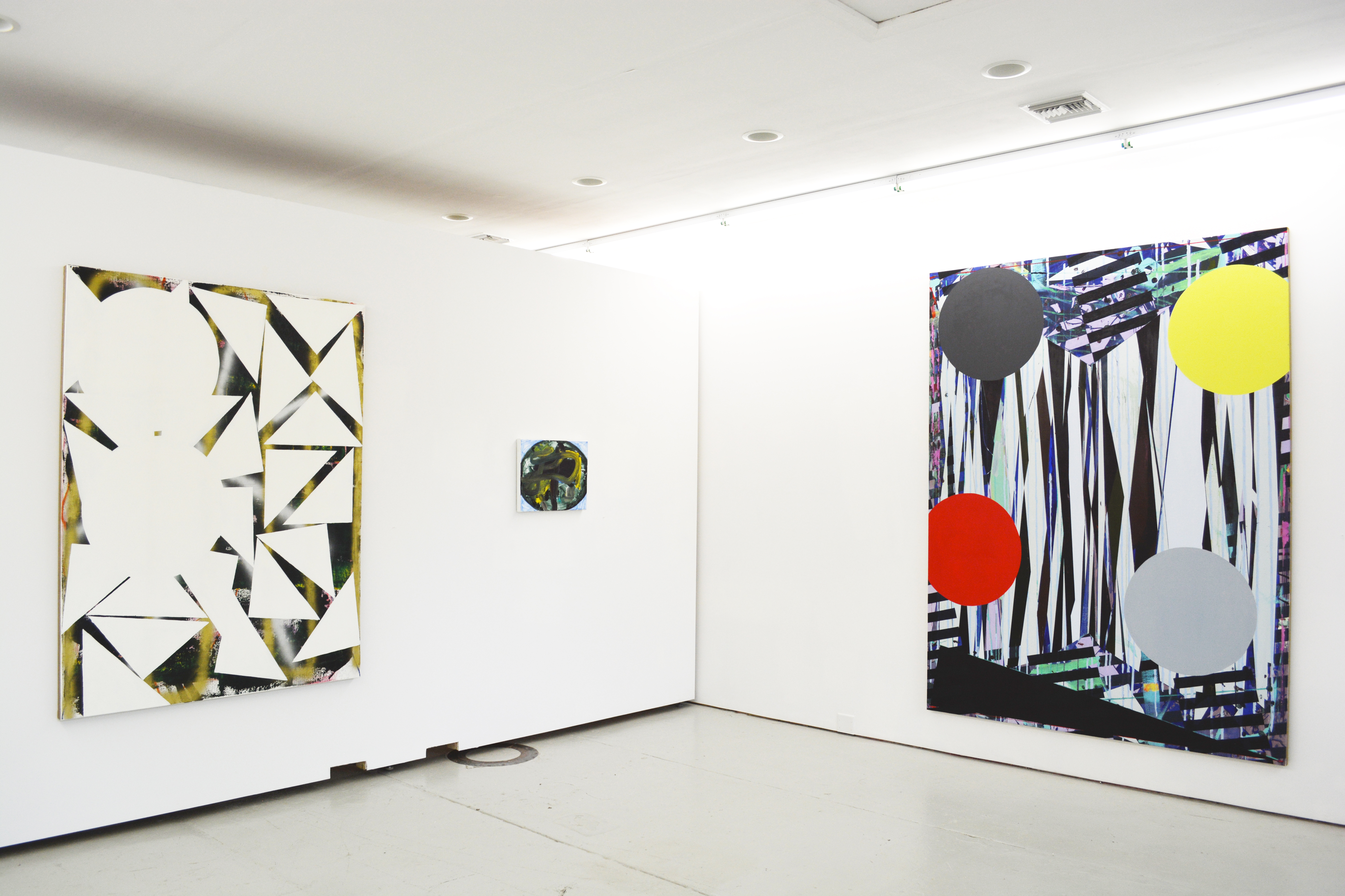 Jered Sprecher, installation shot of "The Hollow That Echoes (left to right):<i>Ghost</i>, 2011, oil and spray paint on linen, 72 by 54 inches;  <i>Platter</i>, 2013, oil on linen, 16 by 20 inches; &amp; <i>Beyonder</i>, 2010, oil on linen, 96 by 72 inches. 