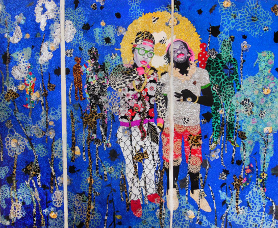 Ebony Patterson, II Treez in a Forest, 2013; mixed media on paper, 94 by 109 inches.