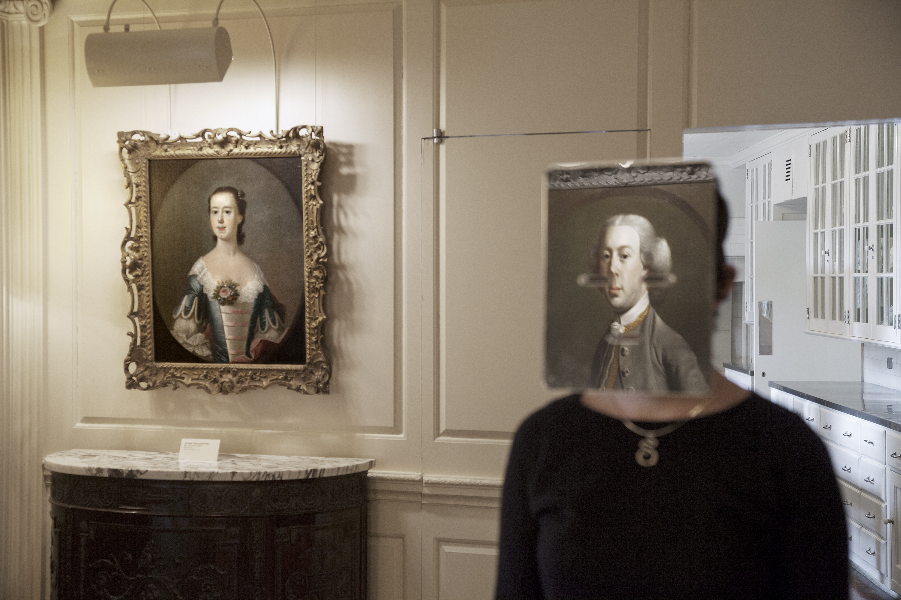 Pedro Lasch, Dining Room 1, Naturalizations, mirror mask intervention at Reynolda House Museum of American Art, 2015.