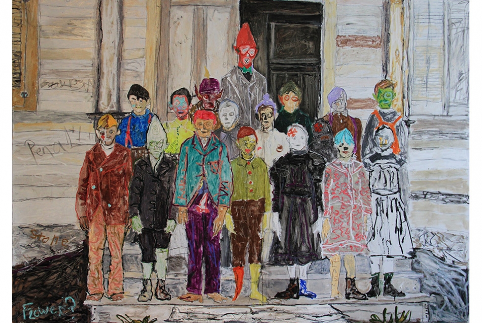  Farley Aguilar, School, 2015; oil on linen, 68½ by 95 inches.