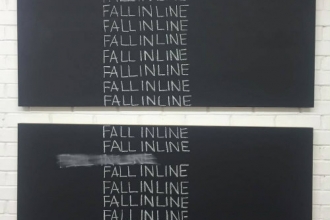 Carina Maye, Fall in Line, 2016, chalk on chalkboard, 48 inches by 3 inches by 48 inches.