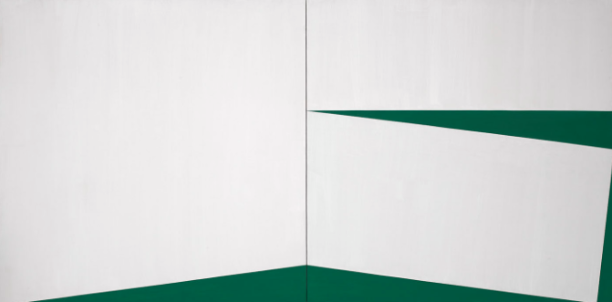 Carmen Herrera, Blanco y Verde, 1960; acrylic on canvas, 48 by 96 inches.