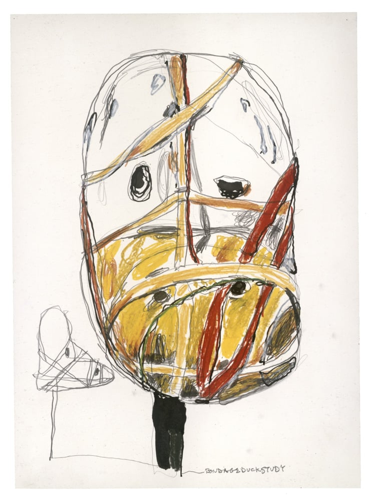Al Taylor (American, 1948–1999), Bondage Duck Study, 1998, pencil, ink, acrylic mica mortar, graphite, colored pencil, China marker grease pencil, and wax crayon on paper. CollectionDebbie Taylor, New York.