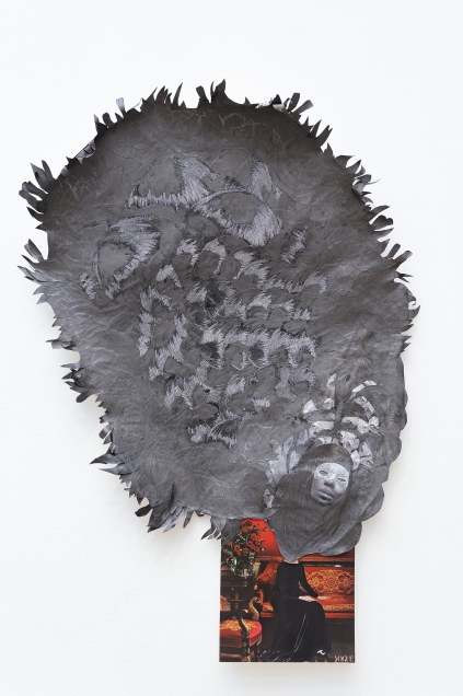Yanique Norman's Last Lady: Clinton (Peacock), collage,graphite, ink and silver gouache on paper, 8 x 10, 2017.