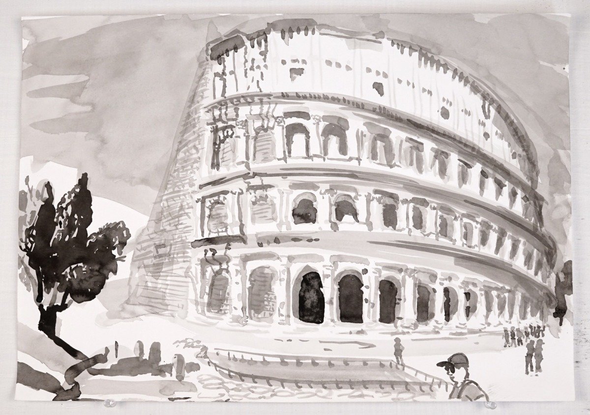 Black and white watercolor drawing of colosseum