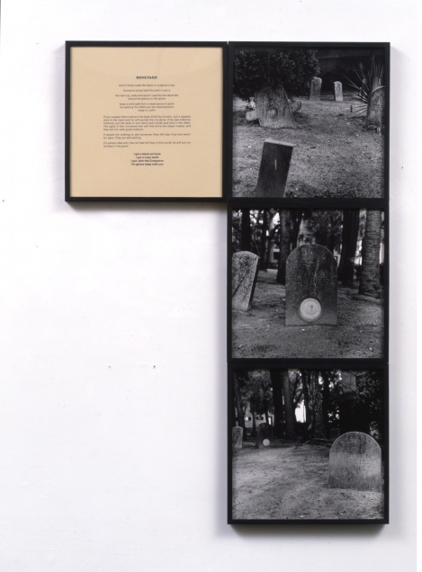 Carrie Mae Weems, Sea Islands Series (boneyard), 1992, 3 silver prints, 1 text panel, edition of 10, each panel 20 x 20”; overall dimensions 60 x 40 inches. Courtesy of the artist and Jack Shainman Gallery, New York.