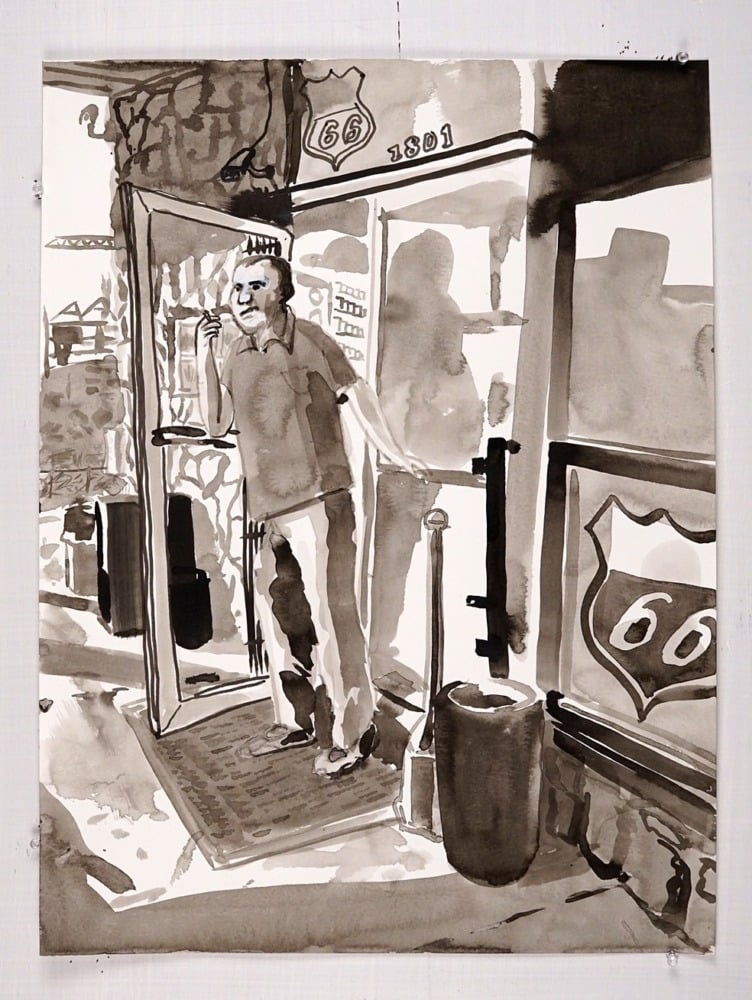 black and white watercolor drawing of man standing outside of gas station