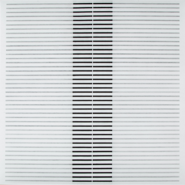 Grisaille abstract drawing by Pete Schulte with bands of white, and column of black bands in the center