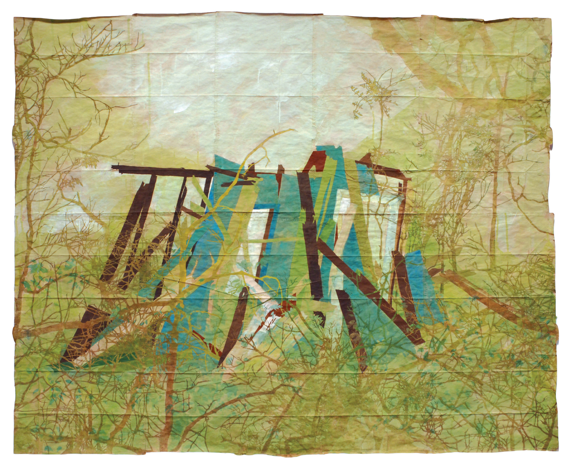 "somewhere south of Violet" by Maysey Craddock, a gouache work on paper showing a dilapidated wooden structure in a forest.