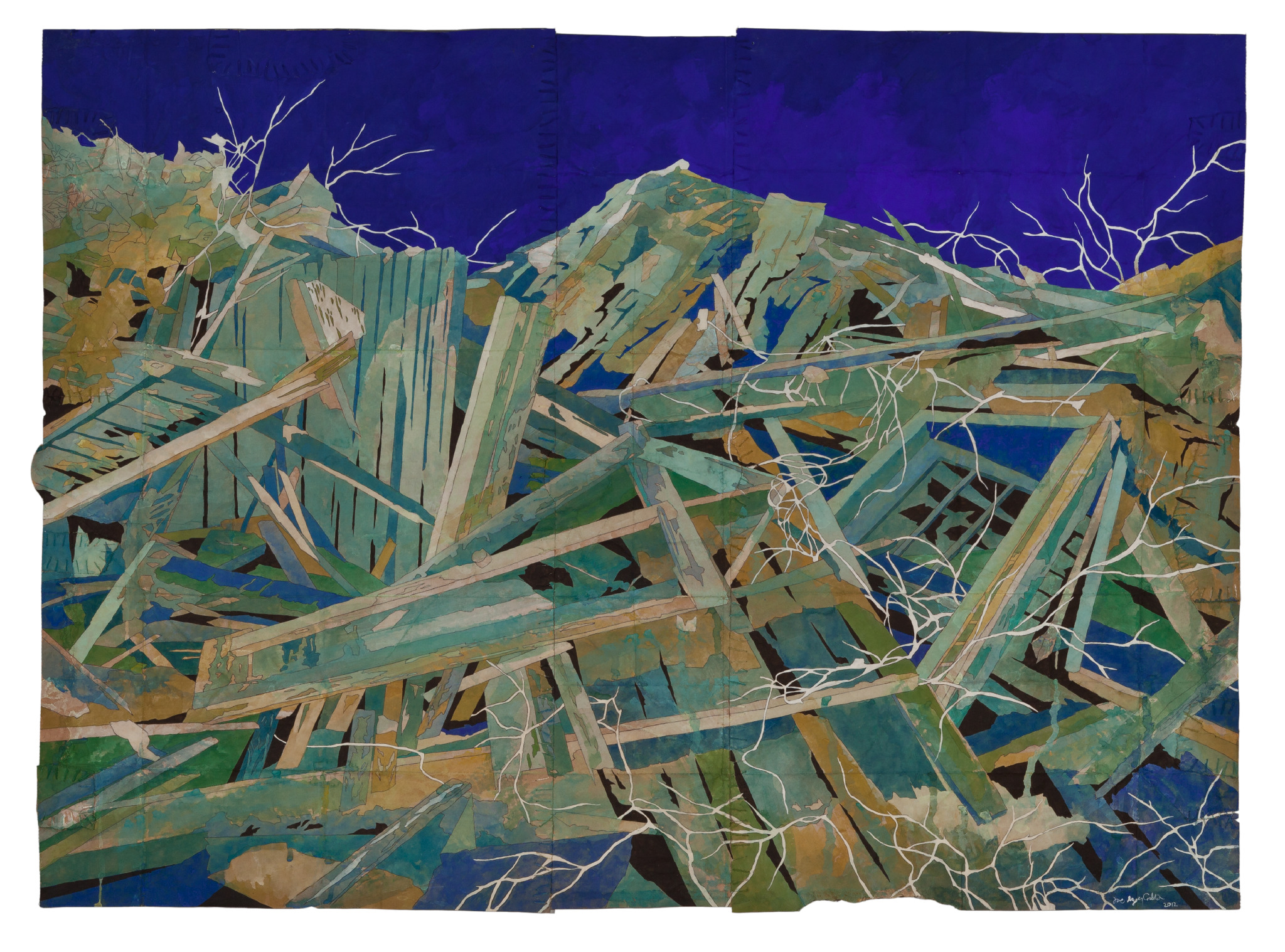 The work "An Ocean Slips Between Us" by Maysey Craddock depicts a dilapidated wooden structure against a blue background. 