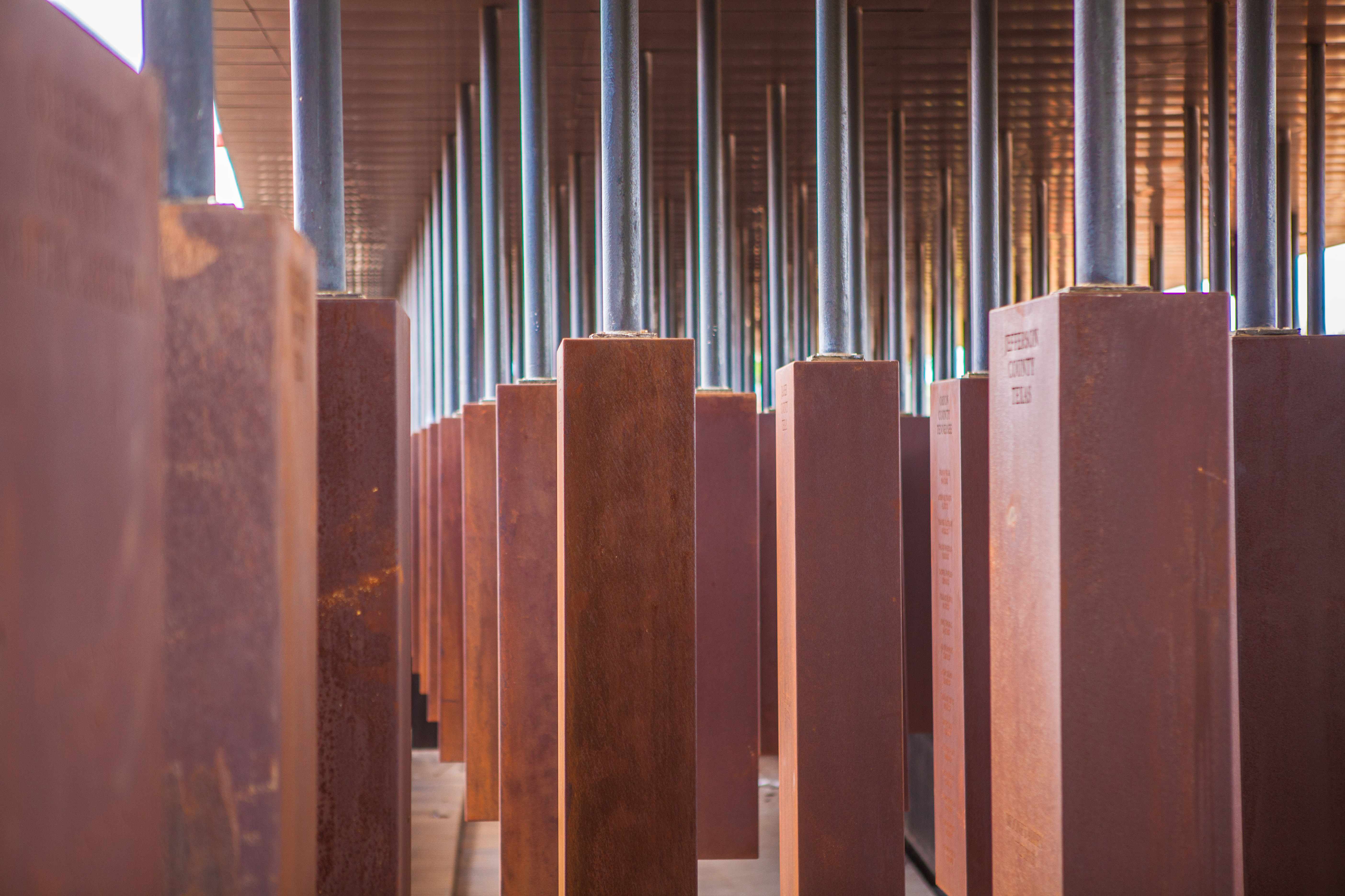 Cor-ten steel monuments installed in the National Memorial for Peace and Justice.