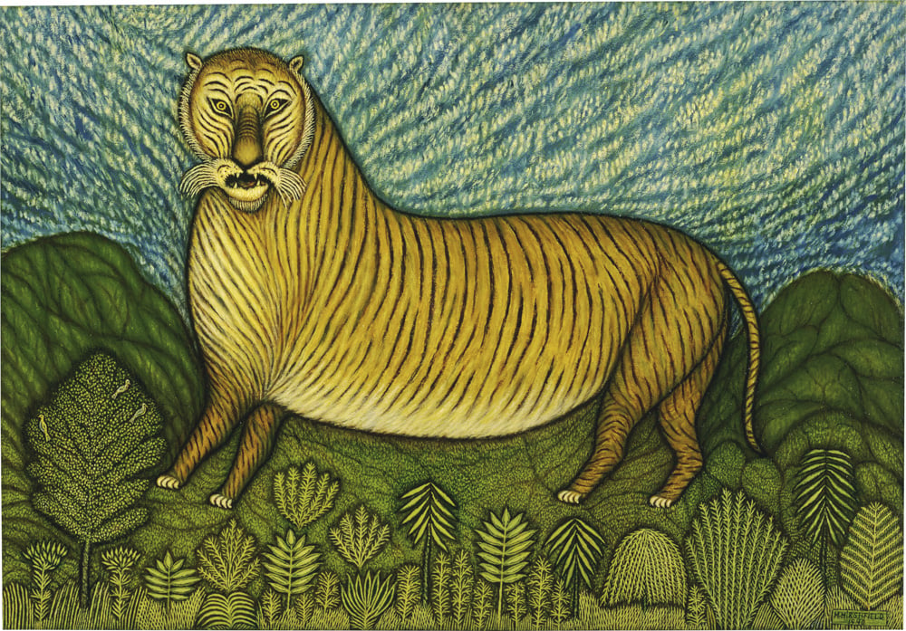 Painting by Morris Hirschfield of the side of a tiger standing on the ground with sky above.