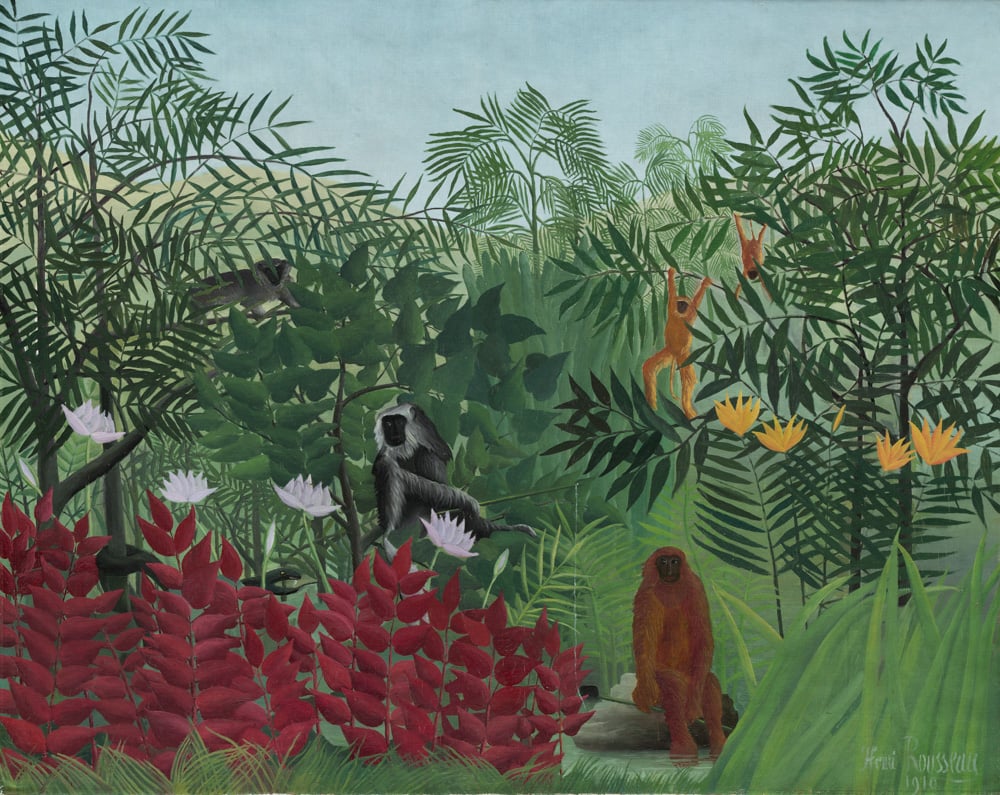 Rousseau's predominantly green, stylized painting called Tropical Forest with Monkeys