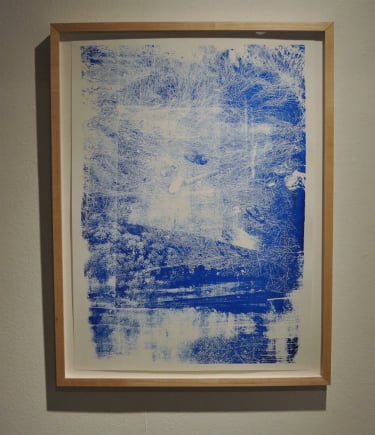 A framed silkscreen print showing an image of riverbank in blue ink.