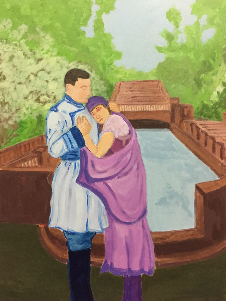 Painting of two figures sharing a tender moment in front of a fountain