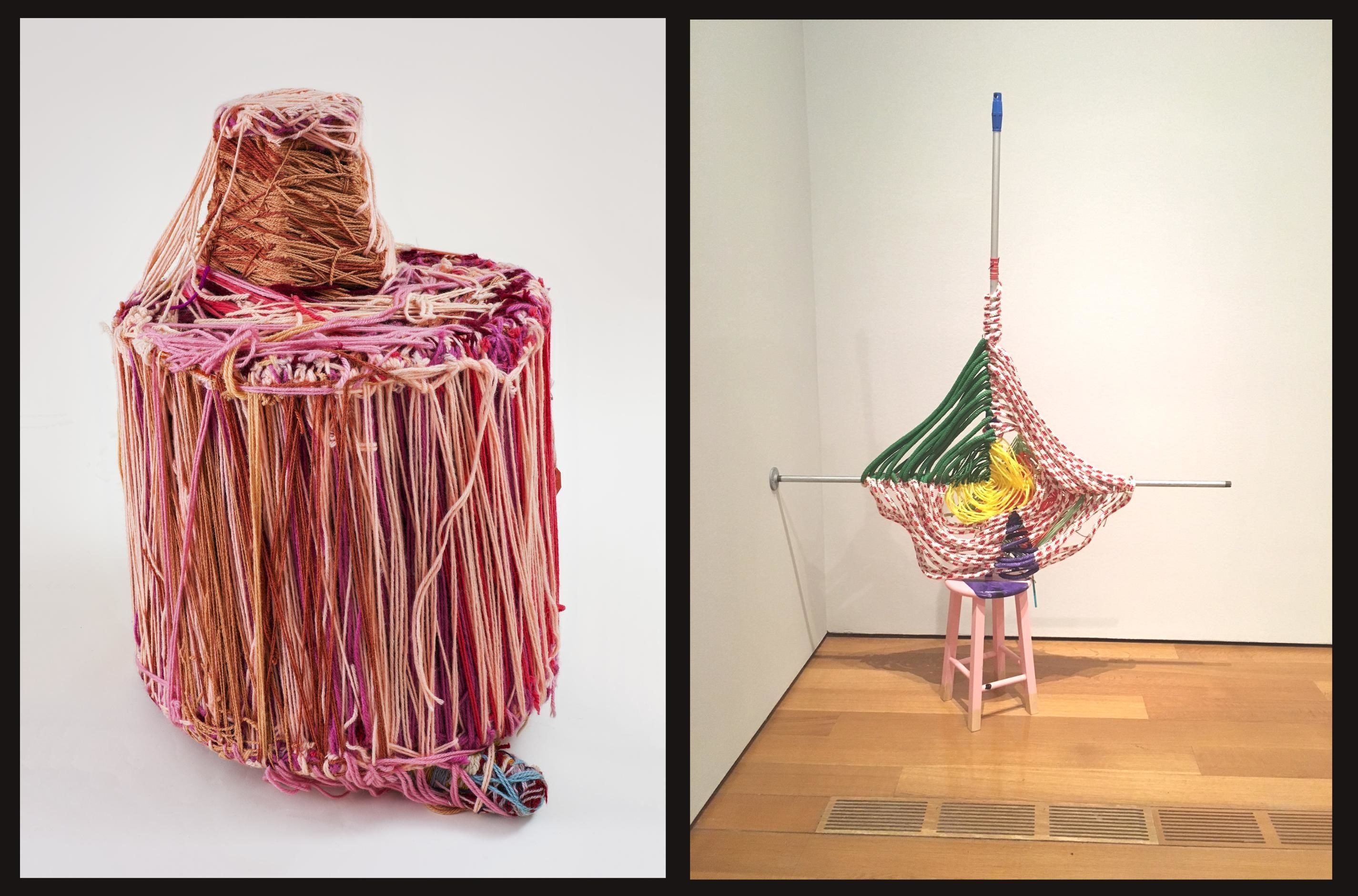 An object bound in pink yarn by the artist Judith Scott, and a sculpture by Jessica Stockholder using colorful nylon rope and metal rods on a pink stool