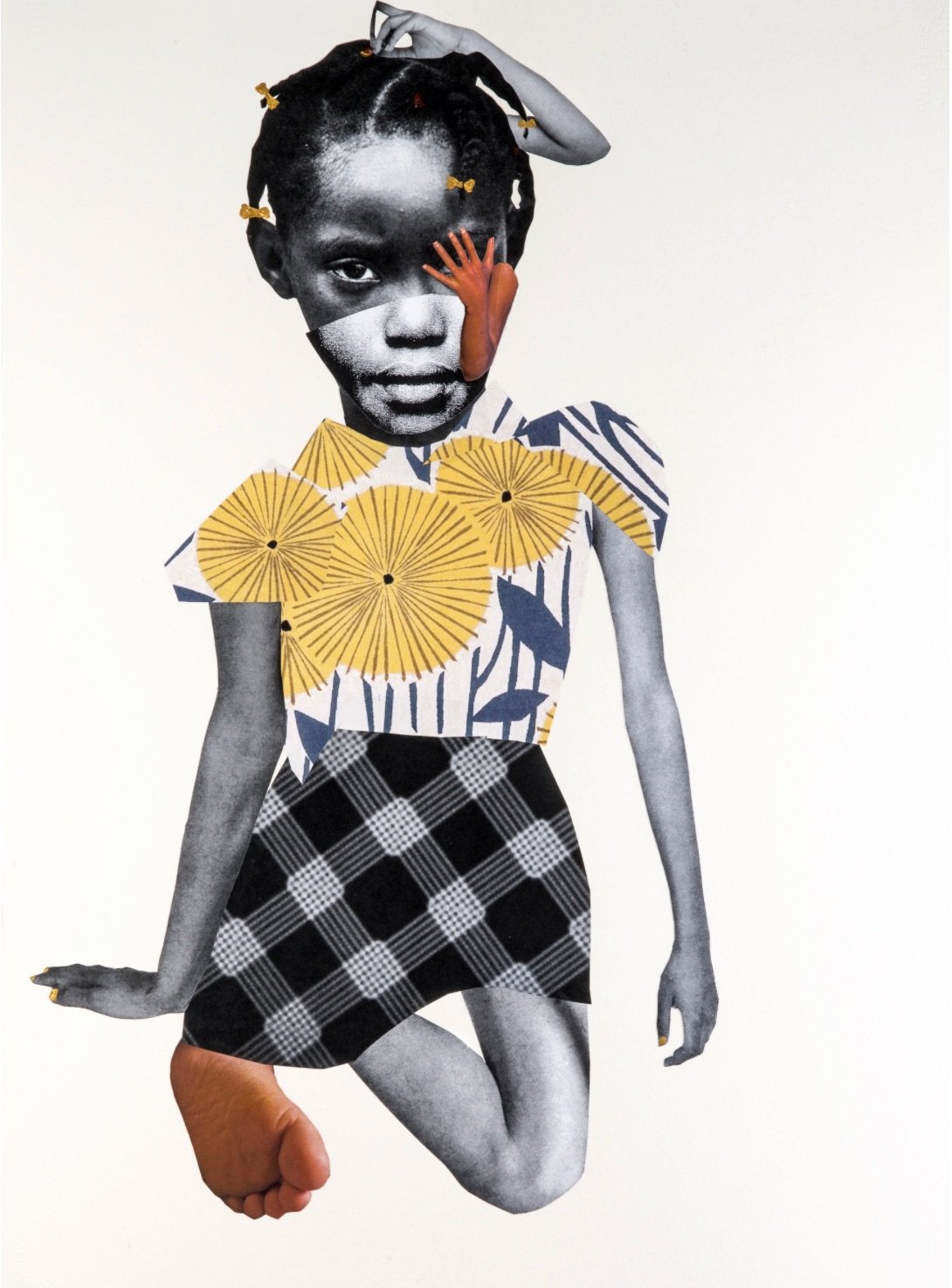 Collage of a young black girl holding her left foot in her right hand, a collage by Deborah Roberts. 