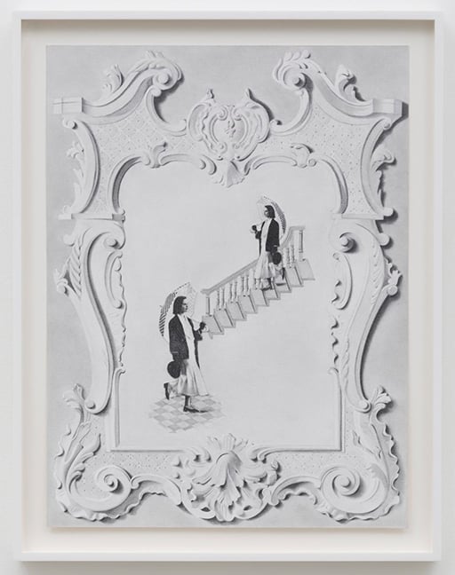 Black and white drawing of a trompe l'oeil frame around an image of a woman descending a staircase, and again at the bottom.