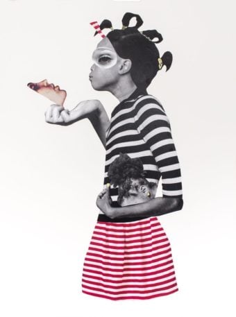 A black girl in a black-striped shirt and a red-striped skirt holding a face mask, an artwork by Deborah Roberts.