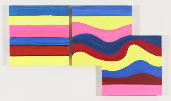 An abstract, colorful painting with blue, yellow, pink, and red undulating stripes by artist Mary Heilmann.