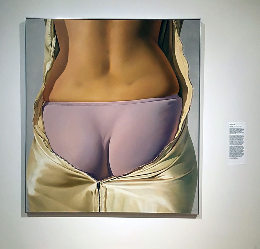 Painting of a woman's butt and lower back, wearing a white slip that is unzipped to reveal purple panties.