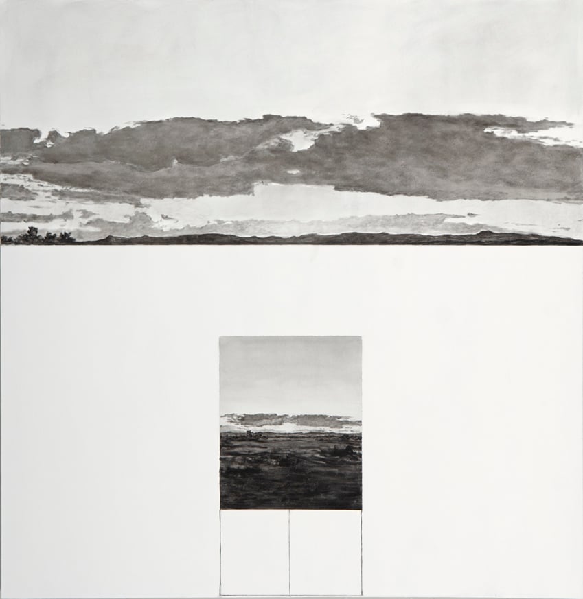 a greyscale painting of sky and land by artist Rocío Rodríguez. 