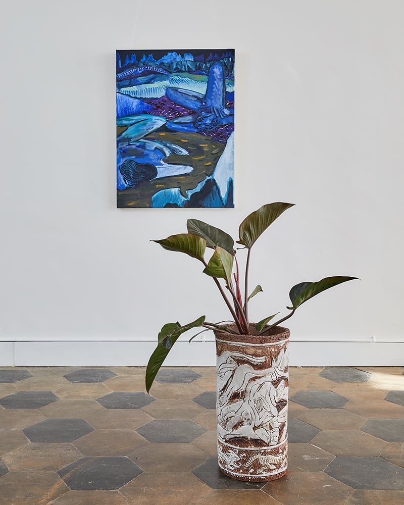 an installation image of a ceramic vessel and painting by artist Jasmine Little at Tif Sigfrids gallery.