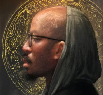 pastel drawing of a Black man in profile with an ornate gold halo