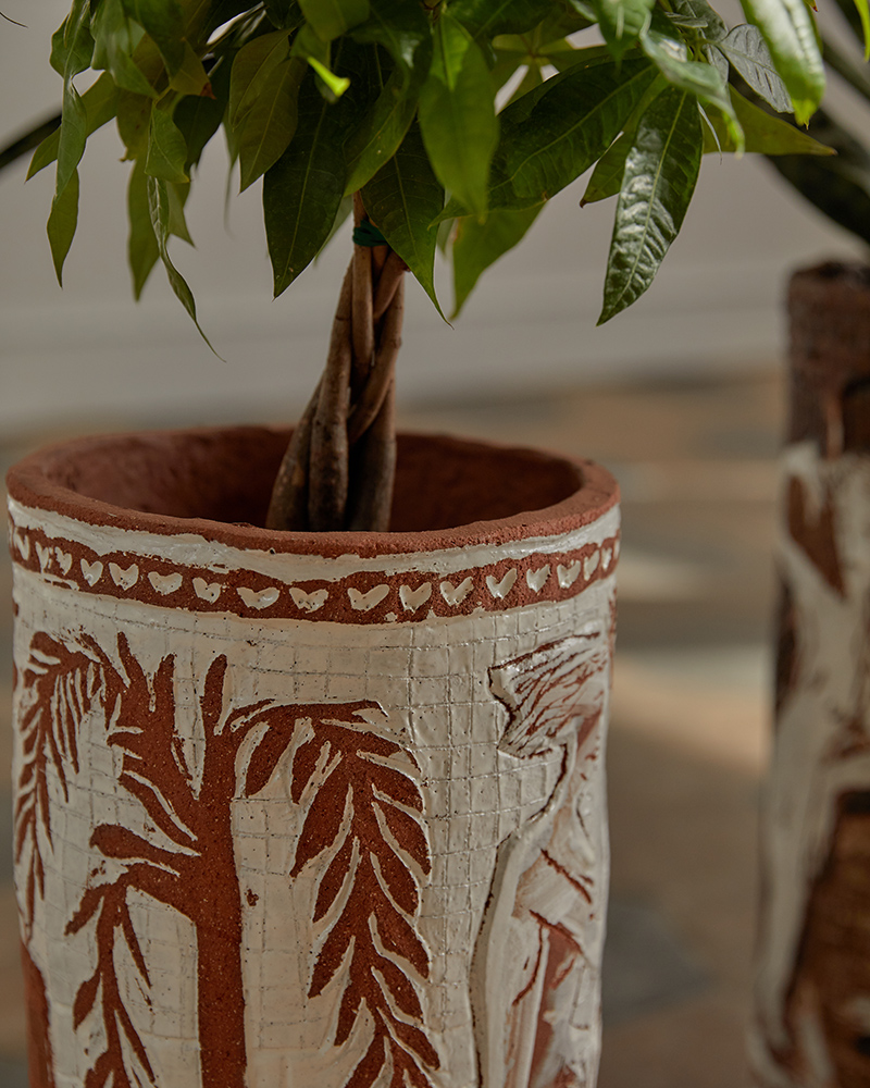 a detail image of a money tree planted in a ceramic vessel by artist Jasmine Little.