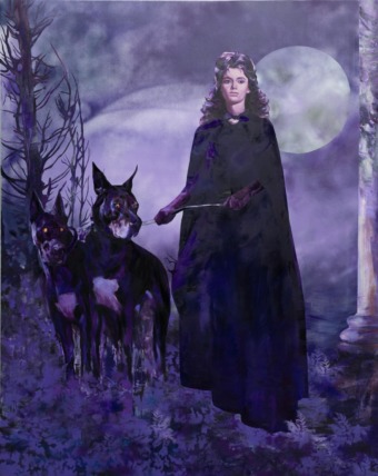 a woman in a cloak and gloves holds the leash on two dobermans