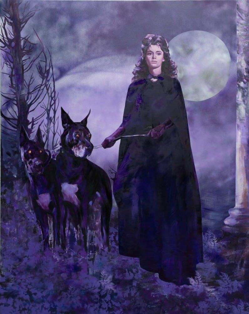 a woman in a cloak and gloves holds the leash on two dobermans in a purple and blue painting at night.