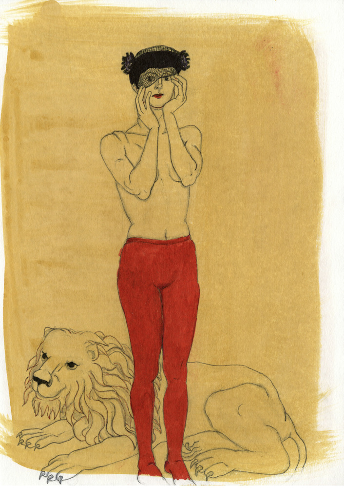 line drawing of a woman in red pants standing in front of a lion on a yellow wash