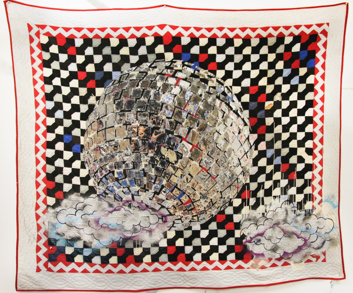 black and white checkered quilt with a red and white zig zag border. within the quilt is a silver-grey disco ball and small, lighthearted clouds of smoke outlines in light blue and purple