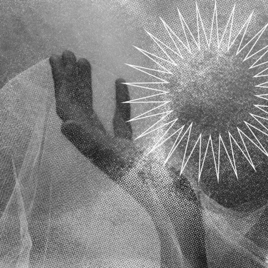 a black and white image of a Black hand holding a white gossamer-like veil, there is a sun on the right side of the image that casts a dream-like haze, like as if viewing through rain or fog