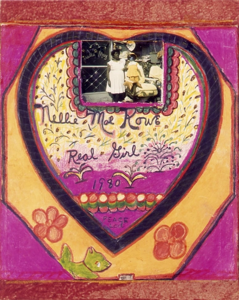 a bright drawing of a heart filled with a flower field, possibly colored with crayon, the heart hold a photograph of Nellie Mae Rowe with a baby doll, and it is enveloped with Black, yellow and fuchsia frames. there are red flowers and a green dog in the yellow frame. 
