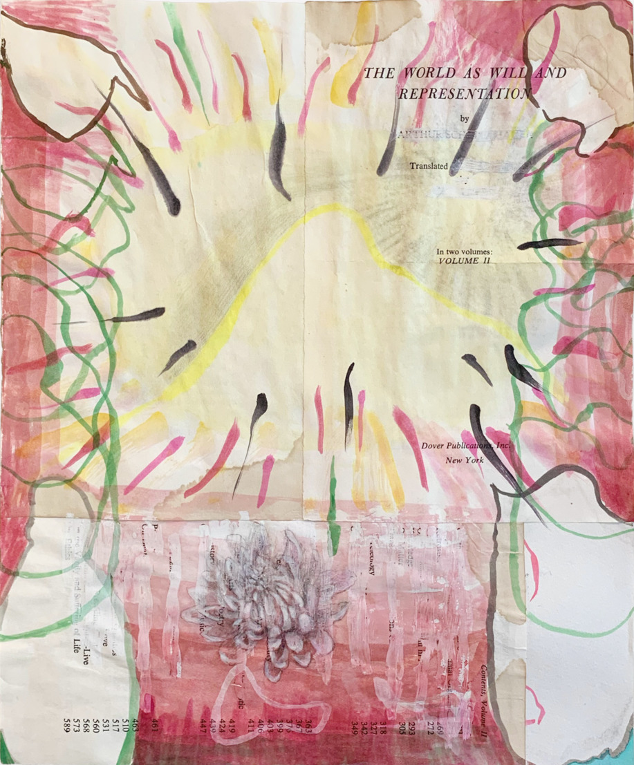 a gradient pink watercolor painting overlaid with green, dark pink, yellow, and black short lines, the center of the work is yellow, and it looks like the paper is glowing from the inside out