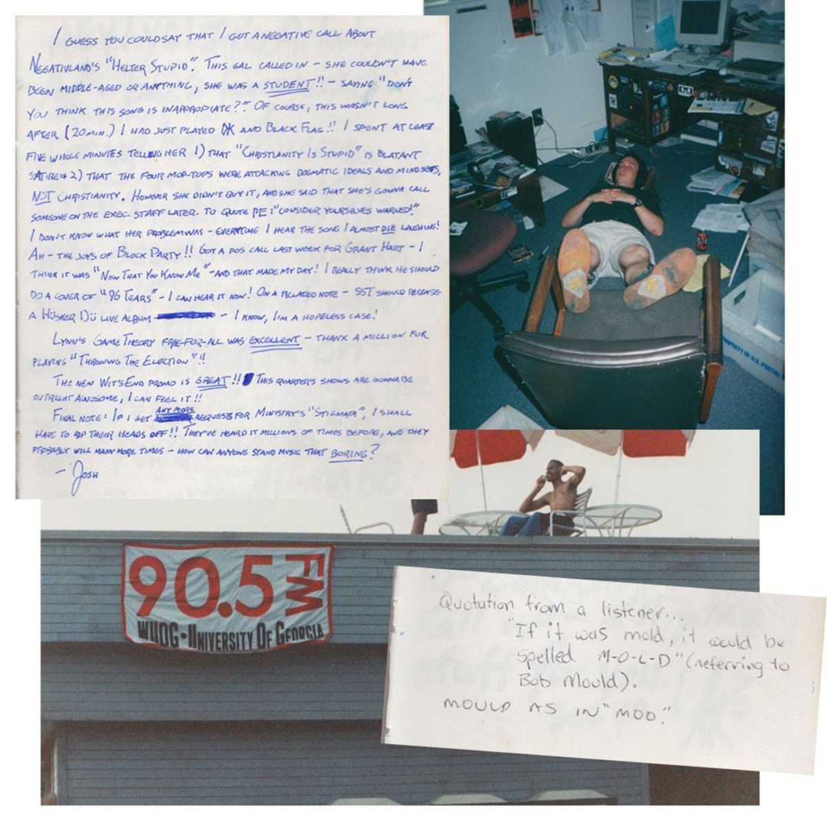 collage of film photos of students at the radio booth and letters written in blue ink