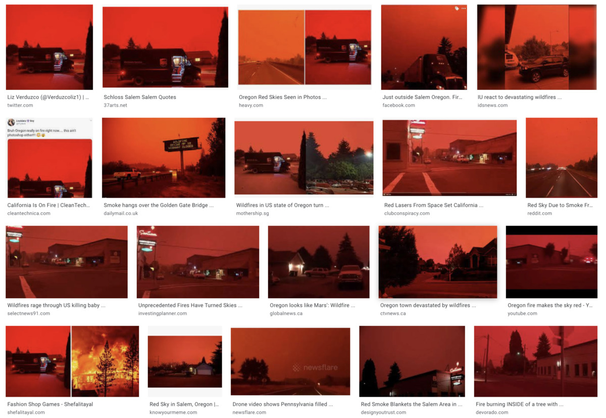 images of buildings set against a blood red sky