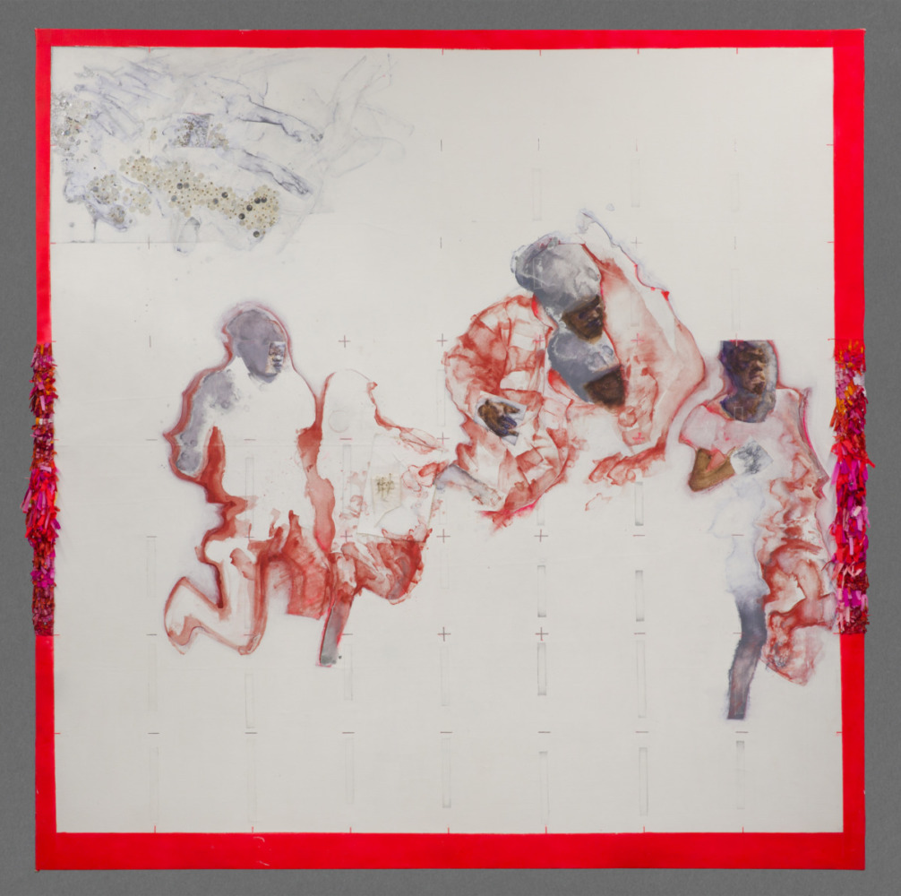 a painting with a red border and graph paper like markings across the whole painting. four Black figures with loose red clothing in the middle of the painting. in the top left corner ghostly hands point at the figures. 