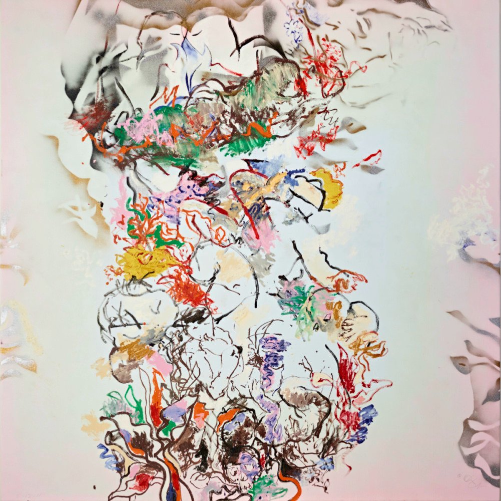 a large painting with a ribbon of color down the center, mixed with abstract figures and skulls, with loose lines in red, orange, pink, green and blue.