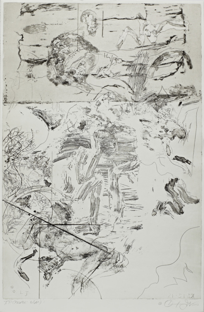 black and white drawing of abstract reclining figures and lines.