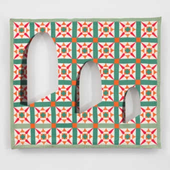 a large quilt print with green and red colors, overlaid on the print are three headstones, decreasing in size from left to right