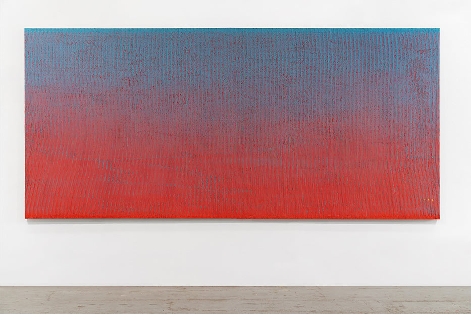 blue and red vignette painting in strips with texture