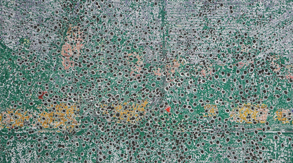 pointilist green and yellow and blue spores with red dot in middle of the painting
