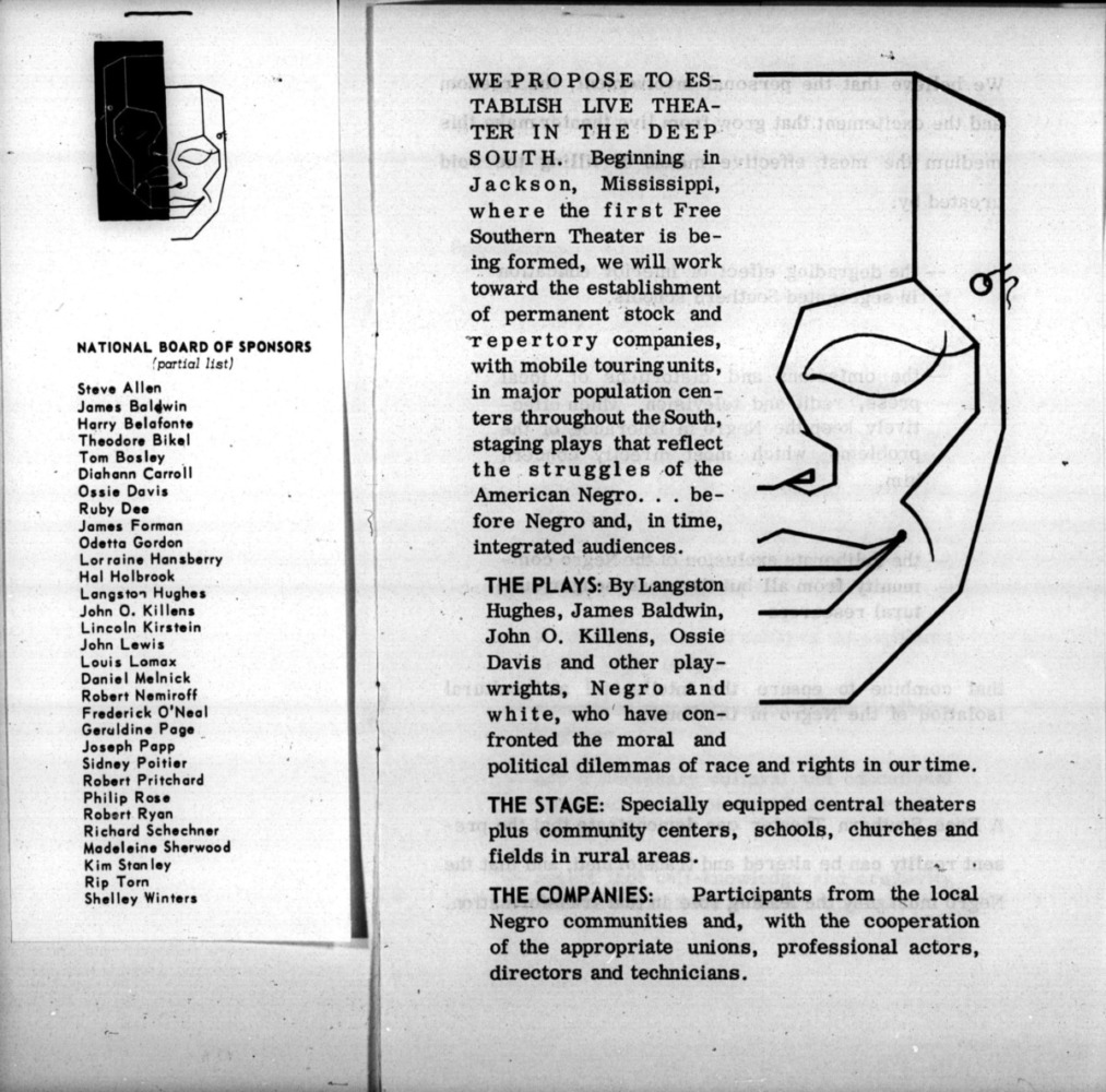 archival black and white scan of a drawing of a drama mask and text describing the purpose of the FST